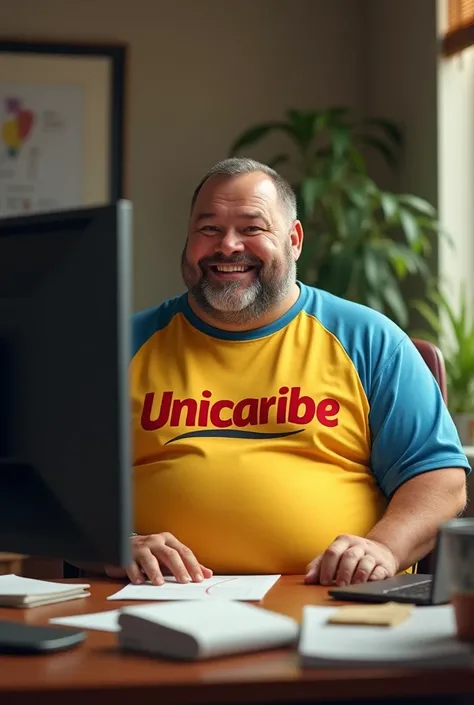 realistic image, Fat man,  smiling, wearing a yellow and blue t shirt , red,  that says Unicaribe ,  he is in his office using the computer ordering a healthy ME hamburger