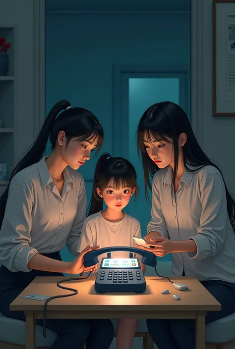  a family separated by a telephone and demonstrating an addiction to networks with the phrase "Physically present ,  emotionally distant " As animated or in anime 