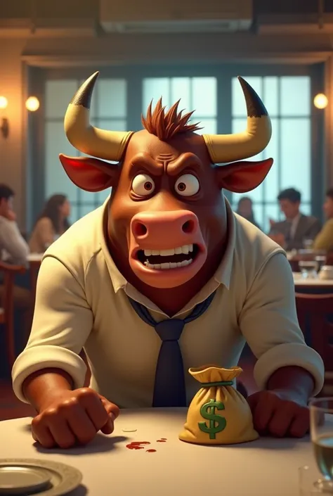 Create a meme of a mad bull in an animated bull who is in the restaurant at a table and who has a bag of money next to him 