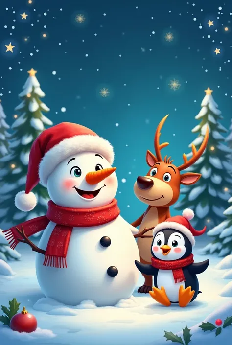 "A cute snowman, reindeer, and penguin in a winter scene."
"A Christmas-themed image with a snowman, reindeer, and penguin."