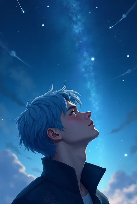 A picture of a young and handsome guy with light blue hair looking at the night starry sky during winter., with shooting stars crossing the sky.