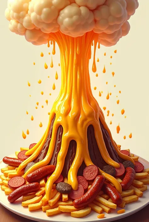 Volcano erupting French fries with melted cheese With pieces of roasted chicken, shredded meat, sausage and various types of meat, simple and creative logo.