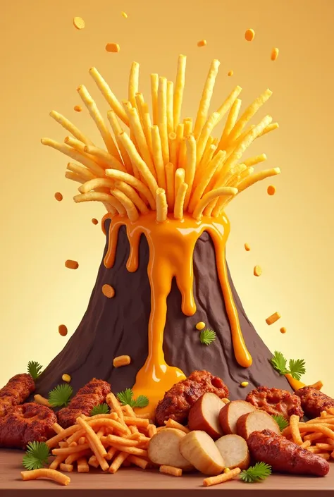 Volcano erupting French fries with melted cheese With pieces of roasted chicken, shredded meat, sausage and various types of meat, simple and creative logo.