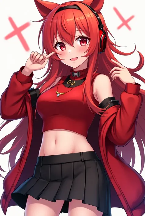 Anime girl with red hair and black skirt and red eyes.red clothes and red ear phone.  ချက်ပေါ်အ၀တ်အစားနဲ့ရော
သားရေဘောင်းဘီ။
ဗိုက်ပေါ်နေတယ်။
အနီရောင်သားရေအင်္ကျီ။

