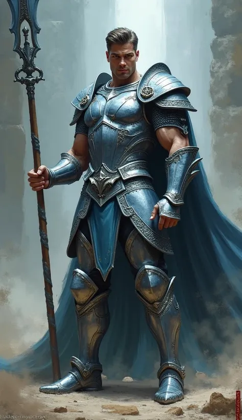 A muscled male model, shining silver-bluish armor, dynamic pose, holding a big spear, masterpiece, full body