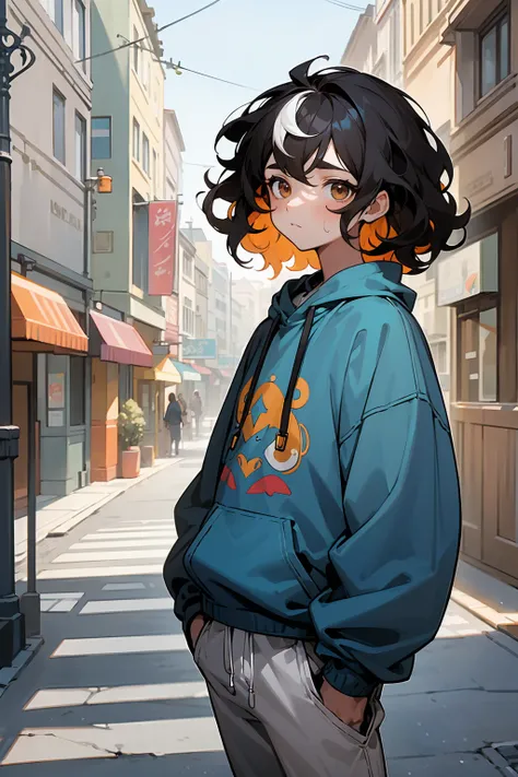 masterpiece, best quality, 1boy, small, young, short black and white hair, wavy hair, curly hair, multicolored hair, brown eyes, sclera, perfect face, blue sweatshirt, white sweatpants, standing still, facing viewer, street background, buildings, street, s...