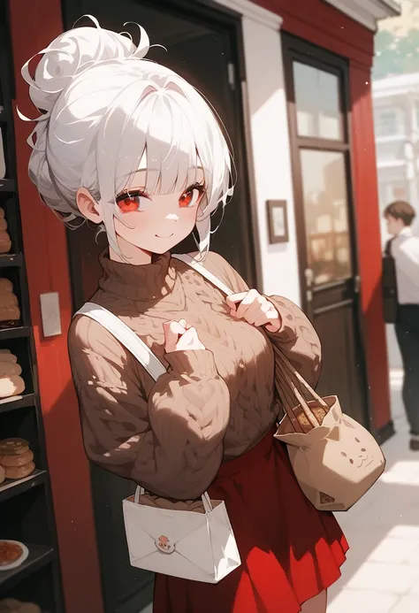 1 person,girl,White hair,Hair bun,White hair, in red eyes ,shy,Black Open Flared Sweater, red skirt, Brown Rice Bag,smile,shyสุด