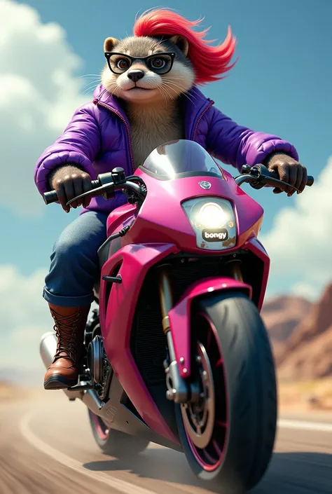  A muscular female otter with a purple jacket, Glasses,  a lock of hair painted red on a sports bike , And that the patent plate of the motorcycle reads  "Bongy".