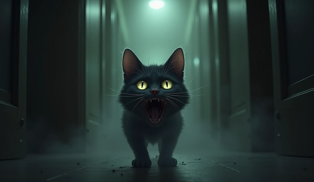  Then Shadow ran into the room , with wide eyes and bristling hair ,  and let out a meow so loud that it sounded like a human scream . At the same moment,  the lights flickered frantically and the sounds of footsteps echoed around her.