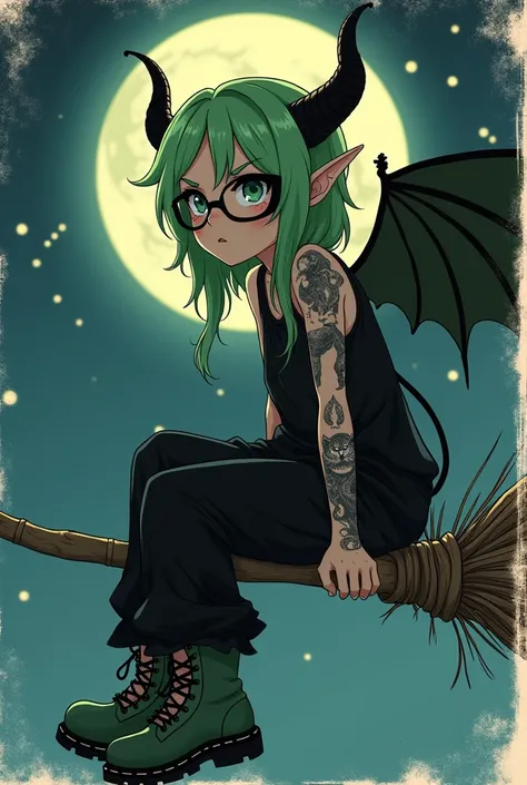 anime style. Polaroid style. Close up of a beautiful demon fairy. She is sitting on a floating broom under a full moon and stars. She is an adult. She has green hair. She has black horns. She has black wings. She has black and white animal tattoos. She is ...