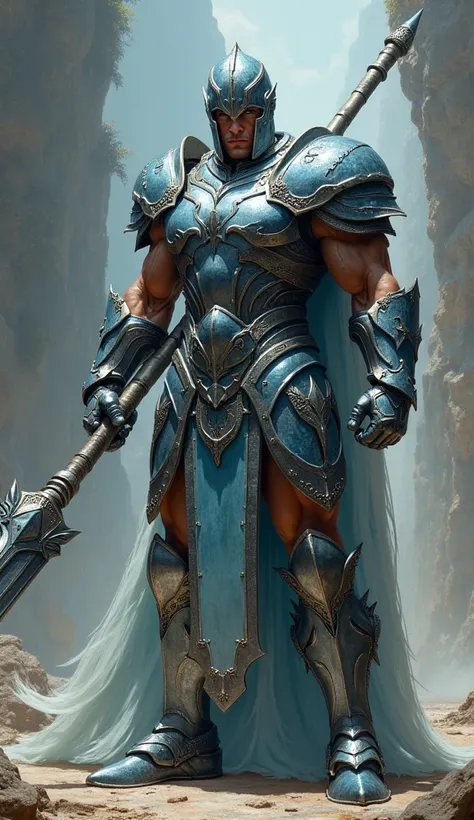 A muscled male model, shining silver-bluish armor, dynamic pose, holding a big spear, masterpiece, full body