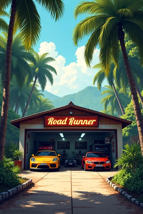 Fully modified cars in a garage in a rural area.Garage name: Road Runner.The car wash and polishing room can be seen in the garage.The garage gets a lot of shade from the trees and coconut trees.