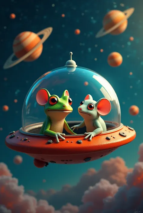  A male frog and a female mouse sit next to each other in a small spaceship,  you can see the spaceship from outside .  You can see the spaceship flying through space. The universe has stars , planets, Shooting stars, Solar System 