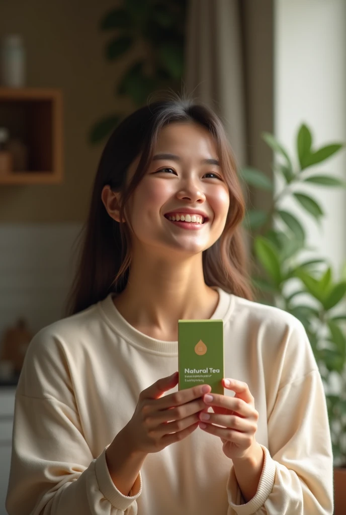 A woman reading a natural tea package feels happy because she knows that it will be good for her body