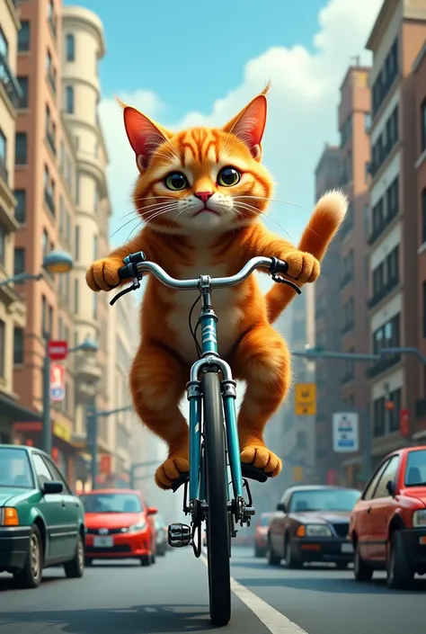 Cat is driving a bicycle fast through the cars