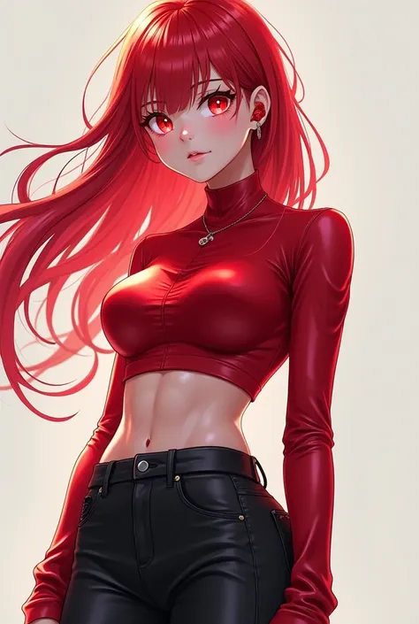 Anime girl with red hair and black trousers and red eyes.red jeans and red ear phone.  ချက်ပေါ်အ၀တ်အစားနဲ့ရော
သားရေဘောင်းဘီ။
ဗိုက်ပေါ်နေတယ်။
အနီရောင်သားရေအင်္ကျီ။


