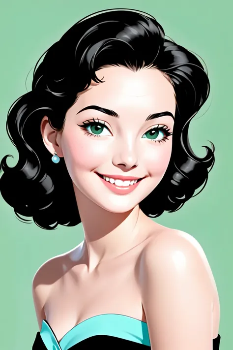 color minimalist illustration, half body shot of teenage Ava Gardner,  high marked cheekbones, strapless colorful top, slanted green eyes, long black wavy hair, strapless blouse, north carolina background, fullnatural lips, laughing, front view, arched bro...