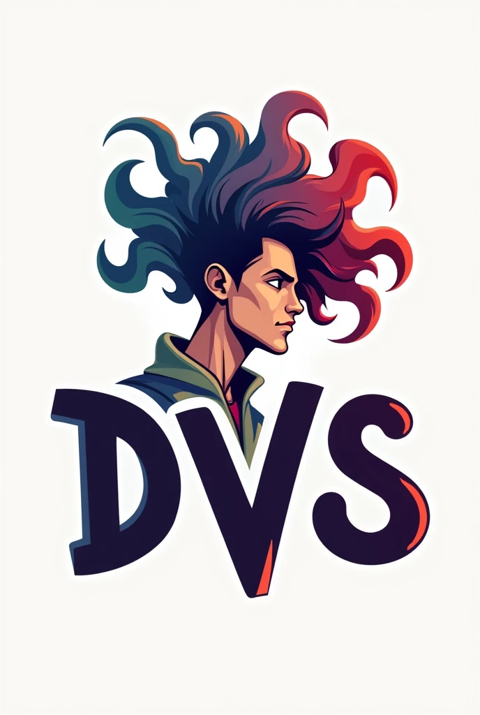 A logo with the word "Dvs " Now play a character with not very realistic hair man
