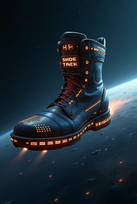 A boot as a spaceship flies through space .  And on the spaceship is printed shoe Trek.  This spaceship in the shape of a boot has windows and rocket jets propulsion. This spaceship has several hundreds of windows behind which lights are on. 