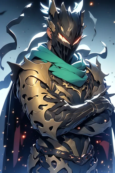 a man wearing turquoise armor ,  upper part of the face hidden by the armor, a gigantic black cape ,  shoulder pads with many me...