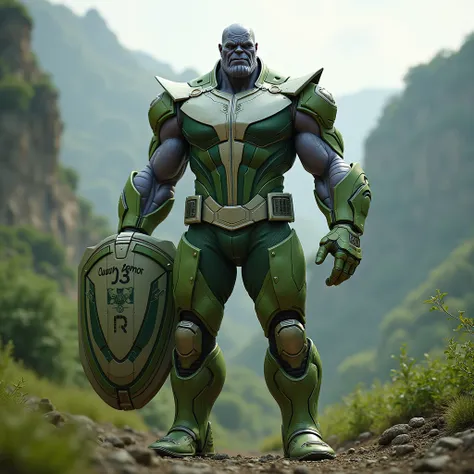 Thanos in a green and white ecological suit and on his shield instead of the star the initials 3R appear. on the chest the word CUAUHTÉMOC