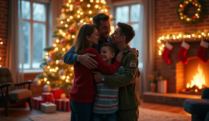 
A joyful and heartwarming image showing a family reunion. A uniformed military man embraces his wife and two young ren in front of a beautifully lit Christmas tree, their faces glowing with happiness. The room is decorated with festive touches: stockings ...