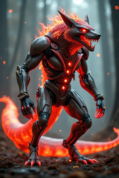 "A fierce hybrid creature combining a sleek robot, a red fire snake, and a wolf. The body is a futuristic, metallic frame with glowing red accents, resembling a robotic exoskeleton. The snakes long, fiery tail wraps around the creature, exuding heat and sp...