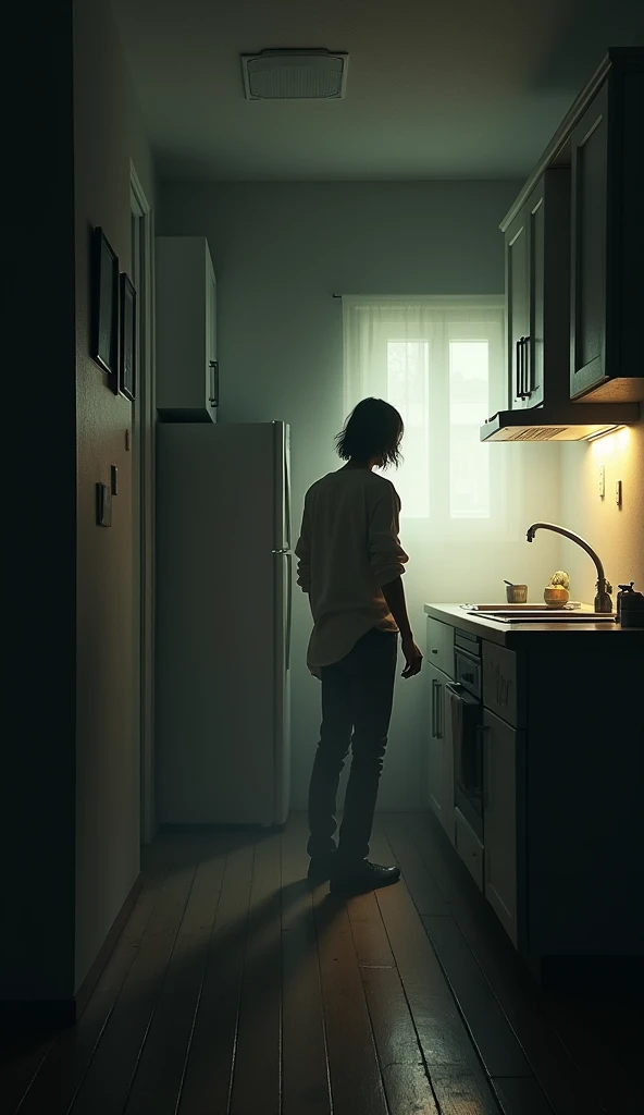 Mustered up courage, he turned on the kitchen light, but it was completely empty."**  
   - A dramatic flicker of the kitchen light revealing an empty room.  