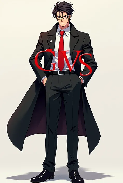 A logo with the word "Dvs " Now put on a character with not very realistic hair man the word underneath the full-bodied man with black overcoat and red tie and a bit anime

