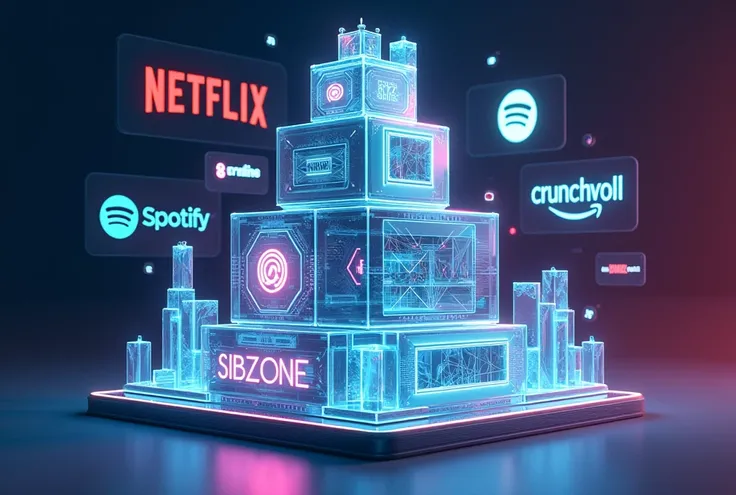 A logo for "subzone" with a stylized, futuristic building. The building has multiple levels, each with a unique design, and it is made of glass. The building is set against a  background of various streaming platforms such as Netflix, Spotify,  crunchyroll...