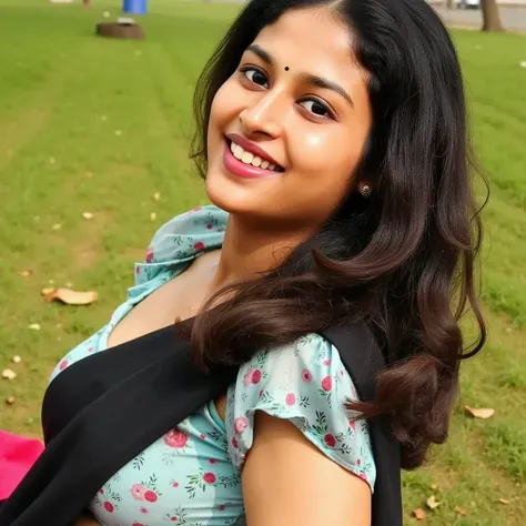 Beautiful women lying on park,sweat on hips and black saree with white blouse, perfect shapes of breast and hips, very hot shapes, cute smile, 