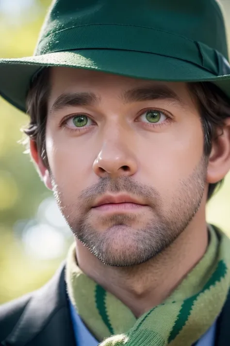 close up, elder version of male (John Krasinski), tanned skin color, ((wearing green star suit)), a green striped scarf and a green fedora, in a park

He has (lime green eyes) and short black hair.

Sadness in his eyes

High Resolution, Best Quality, Award...