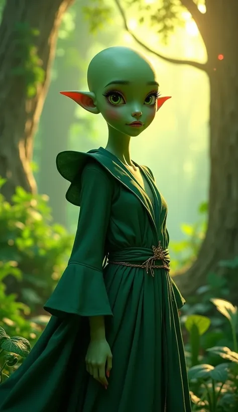 Bald green witch 20 year old girl in jungle, full length, evening 3d animated girl