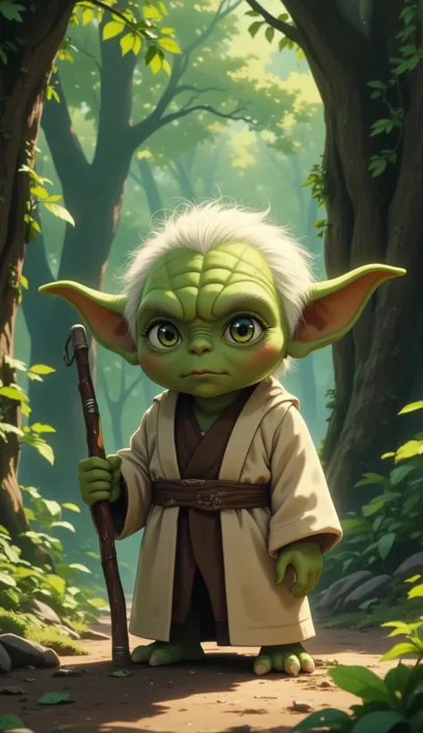 ** Prompt for detailed photo of Master Yoda  (Star Wars):**  

 A green-skinned alien being with large pointed, wrinkled ears, about 66 cm tall .  Her face is marked by deep wrinkles ,  symbolizing wisdom and experience .  Large and expressive eyes with ye...