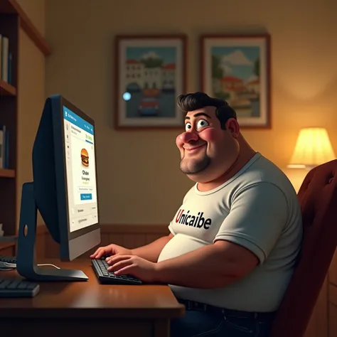 imagen realista,  fat man sitting in front of his computer , Do you have a t-shirt that says unicaribe , The computer screen shows that you are ordering an ME hamburger online, He is smiling