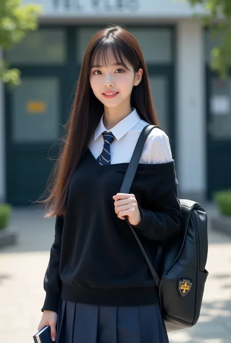 Chinese woman, long hair, collared shirt, black off shoulder loose collar tight sweater with white long sleeve buttoned shirt on the inside, dark blue necktie, dark blue skirt, backpack, School emblem on front pocket, modern school gates, holding a book