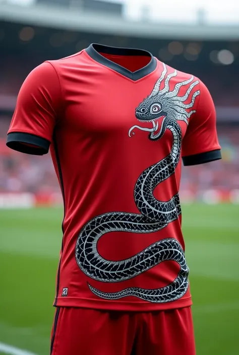 red soccer team uniform with a drawing of the Sheelong snake from the anime Dragon Ball Z around the jersey in white and black 