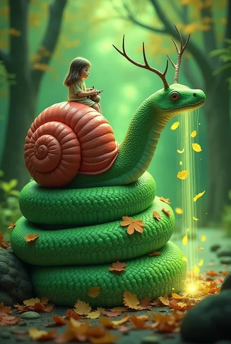  Profile view of a fluorescent green anaconda with a red snail shell halfway up its back with a girl sitting on the shell and holding the reindeer. The snake is sucking up an endless column of fallen leaves on the ground 