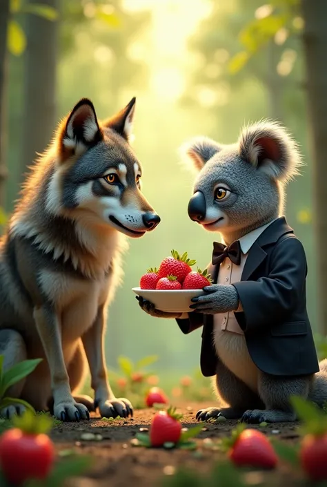 A wolf eats a bowl of strawberry offered by a koala butler.