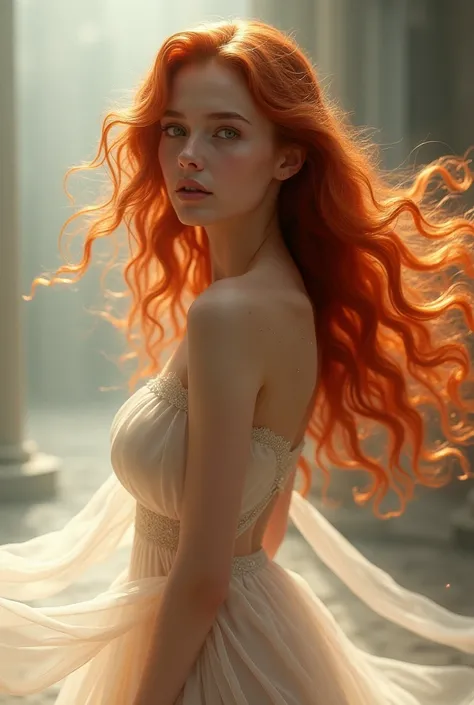 A stunning depiction of the Greek goddess Aphrodite brought to life, portrayed as a graceful woman with long, flowing fiery red hair. She is dressed in a delicate, translucent gown made of sheer, ethereal fabric that flows effortlessly, evoking a sense of ...