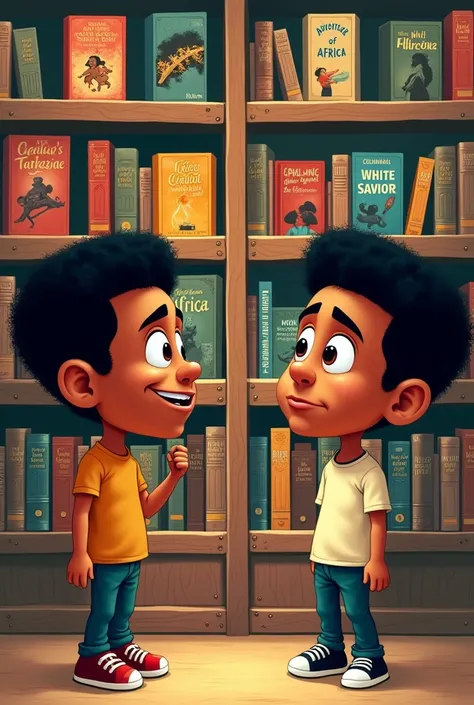  A caricature shows a shelf with rens books .  The titles of the books contain stereotypical terms such as “Adventure in Wild Africa"  or “The clever white savior ". In front of it are two ren :  A white  looks delighted ,  while a  with dark skin looks sa...