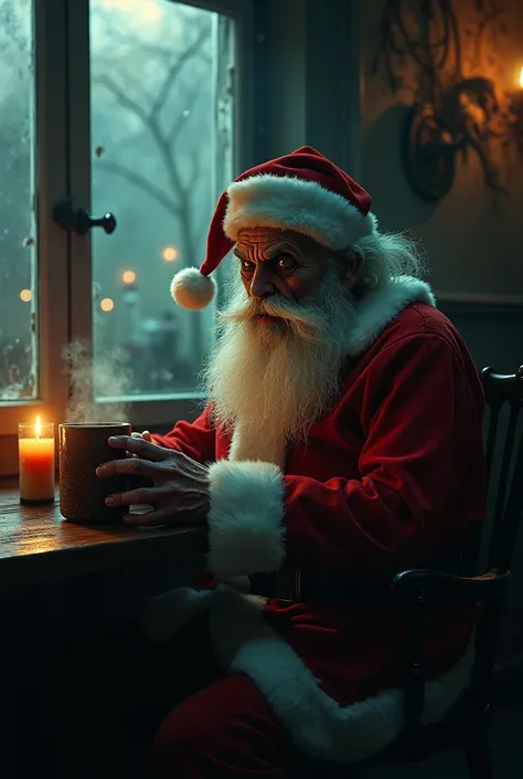 A scary creepy Santa Claus is sitting in the cafe. Horror dark 