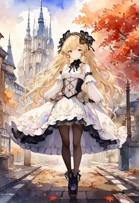 (((nsfw)))、 (((watercolor))), (((gothic))),      tree々Woman standing on a street surrounded by   、 A fascinating scene  ,     Decorate with hair accessories     、       The pose is medium length      ,           wavy blonde hair    ..。.。Super mini skirt wi...