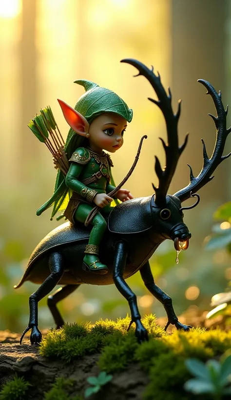 "A hyper-realistic macro photograph of a small elf archer, adorned in emerald-green leaf armor with intricate golden patterns, riding on the back of a glossy black stag beetle. The elf clutches a miniature bow crafted from willow branches, with a quiver of...