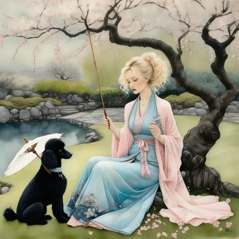 by Esao Andrews, Steve Hanks, Arthur Rackham, pen and ink, dreamy, Edward Gorey. (Woman with blond hair, blue eyes), sitting peacefully with her black dwarf poodle, beneath exquisite cherry trees adorned with delicate cherry blossoms, holding a decorative ...