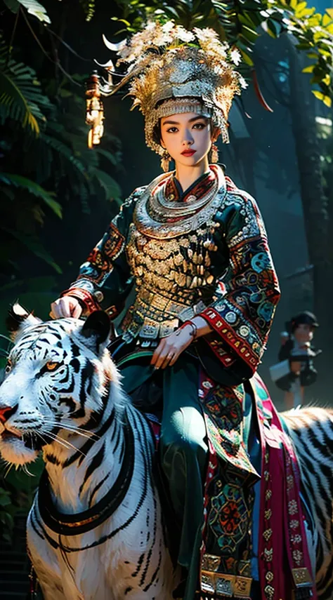 Original photo, ultra-realistic, (masterpiece, 8k UHD, HDR, extremely detailed, intricate details, best quality, professional, vivid colors),

(1 girl wearing costume, big eyes beauty, melon face, beautiful, riding a white tiger), reins, (traditional headd...