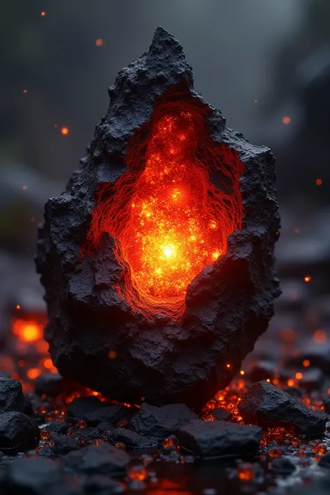 Kuroyōseki is a dark mineral , almost black,  with reddish and orange reflections that seem to emanate from inside ,  similar to a sun shining in the dark .
. Its surface is rough and fractured ,  with edges that appear to burn slightly ,  as if the energy...