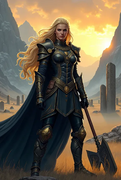 Create a comic book-style image of Valkyrie standing in an open, Nordic-inspired battlefield at dawn. She wears black and gold armor, intricately designed with Viking-style engravings, her cape flowing dramatically behind her in the crisp morning wind. Her...