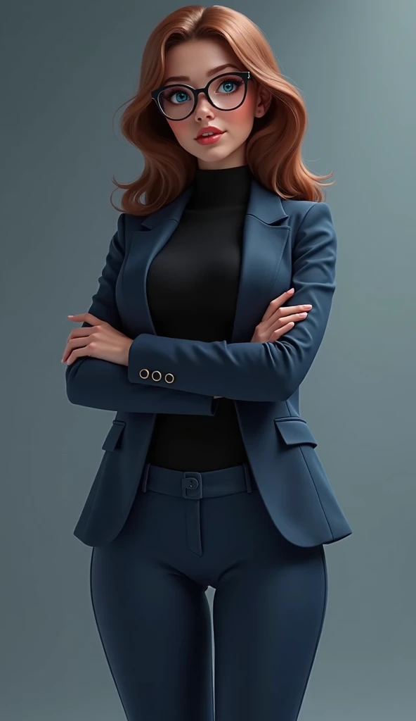  High quality 8K HD image .  Disney-Pixar art style .  A white British woman has an ideal body , thick sexy wavy body ,  and blue eyes with transparent glasses and brown hair with lighting. Wearing a dark blue blazer , black turtleneck,  super tight satin ...