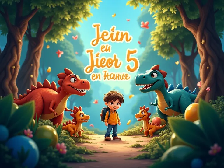 Create a poster extremely detailed with letter-by-letter writing " JEAN, 5" en FRANÇAIS. dans un style Disney 4D. LÉCRITURE DOIT ÊTRE BIEN VISIBLE. 

Thème  DINOSAURES  ET ANNIVERSAIRE . 